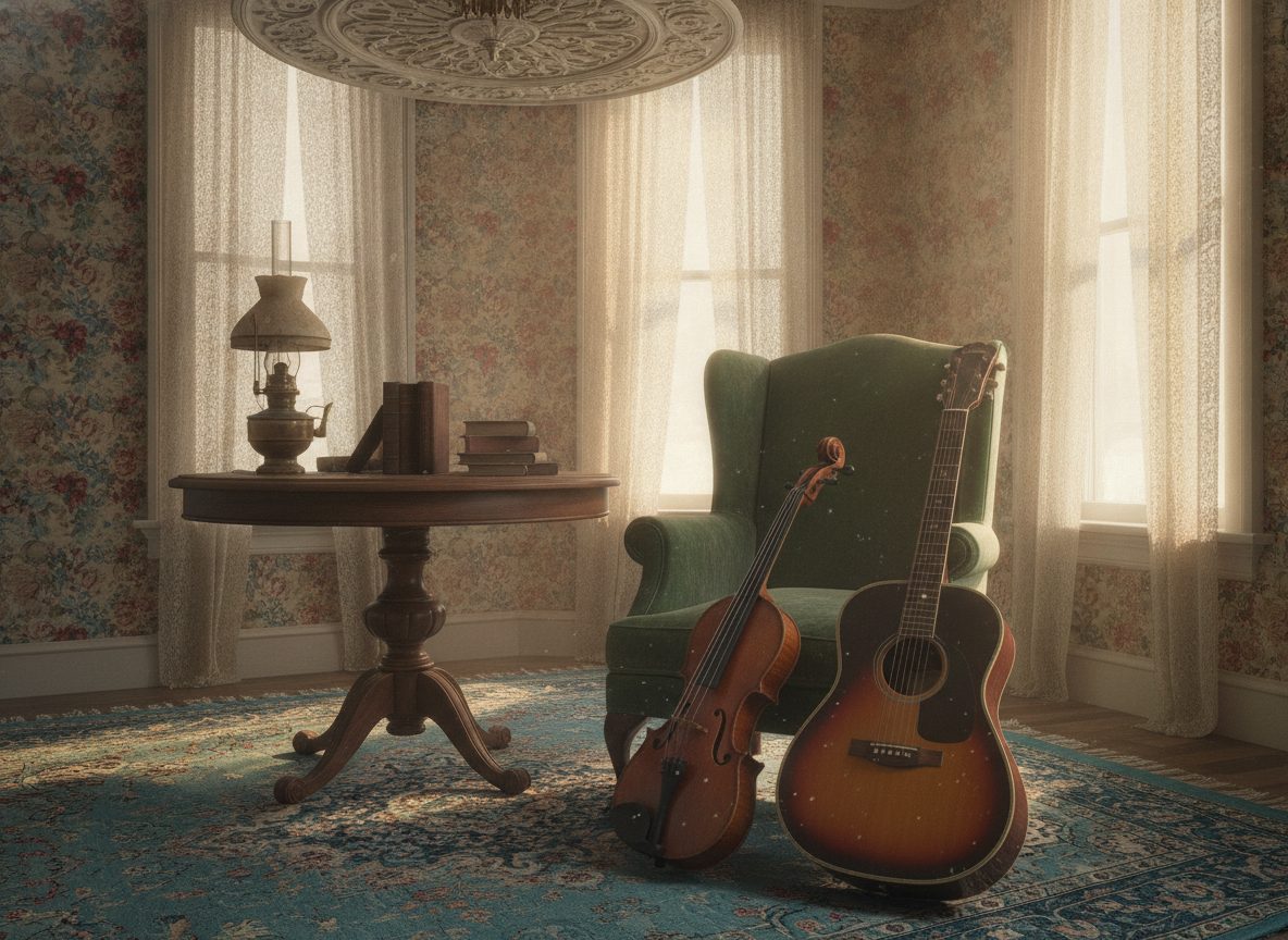 A warmly lit vintage parlor with an upright fiddle, an old acoustic guitar, and worn floral wallpaper