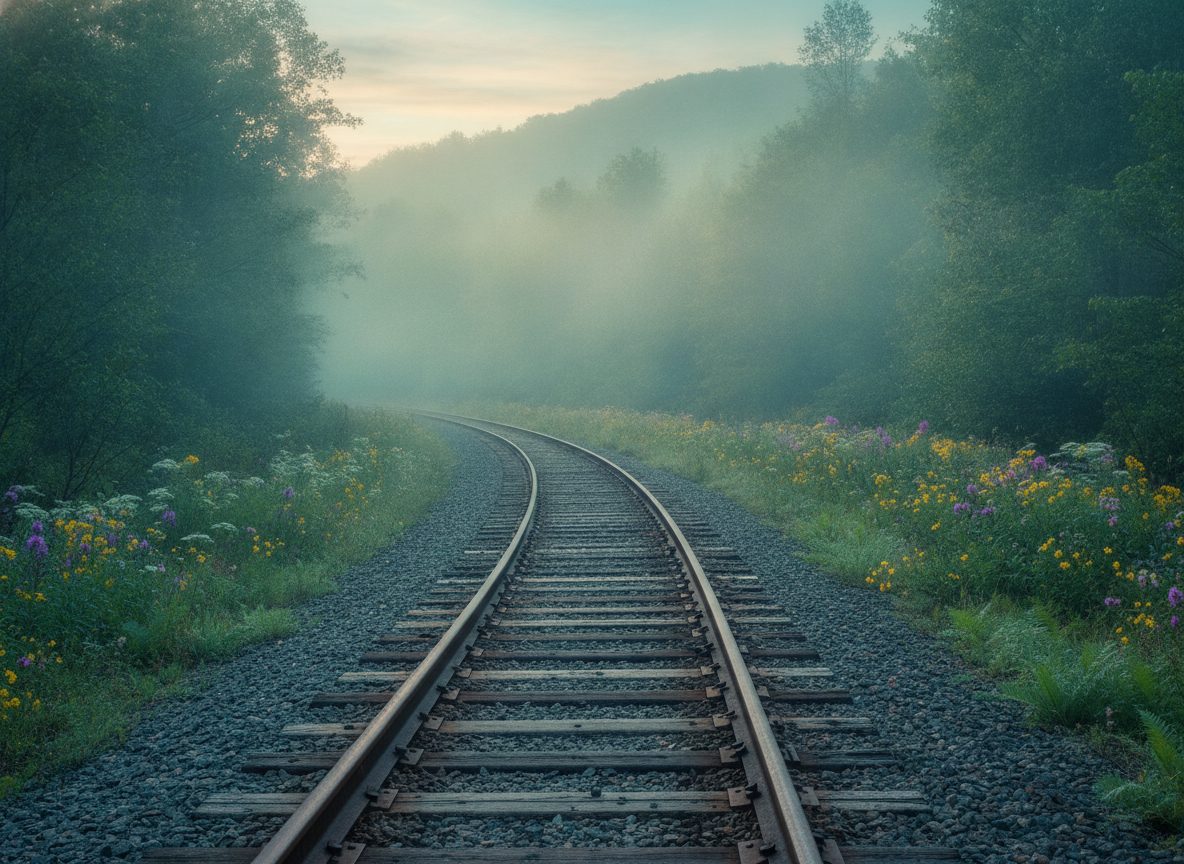 A weathered rural railway line curving through misty Appalachian hills at dawn