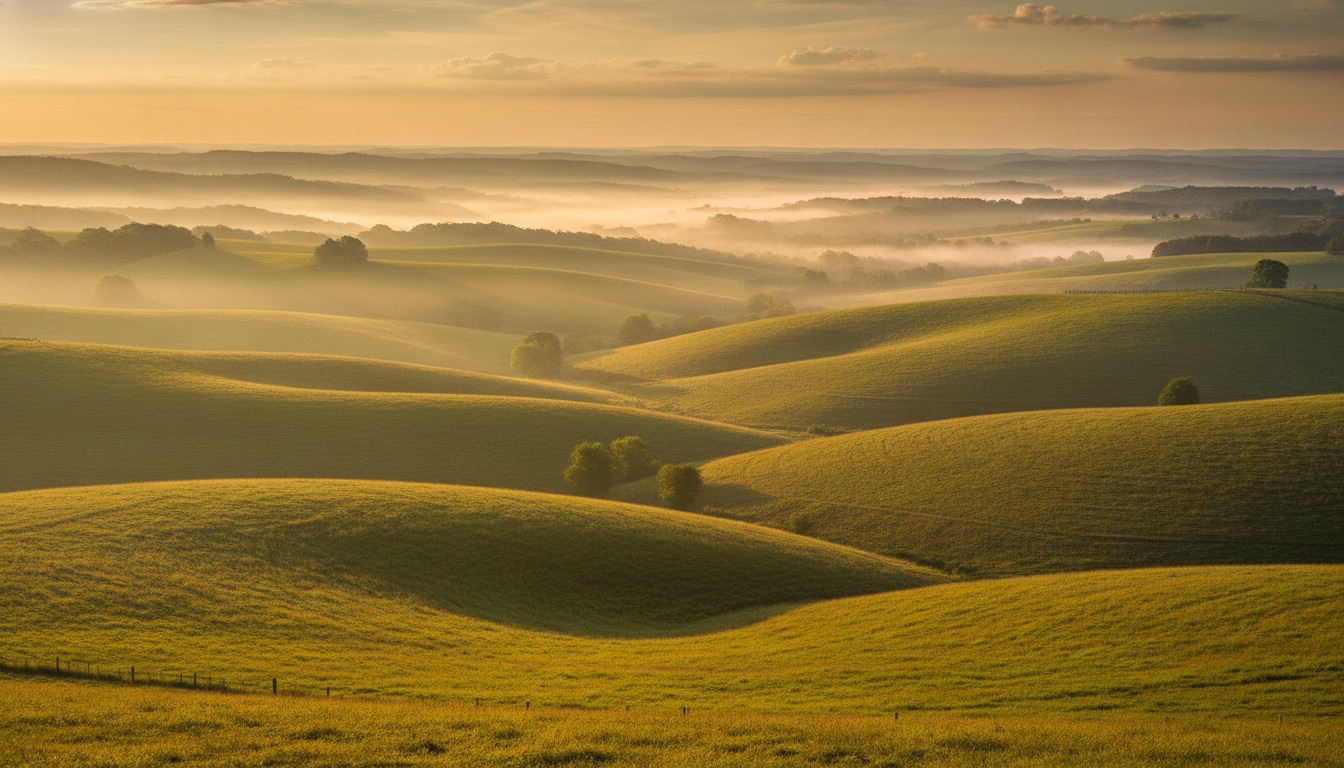 Rolling green Tennessee hills at golden hour with soft mist in the valleys