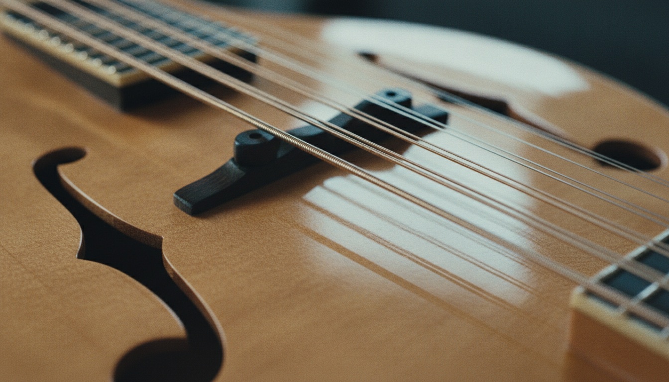 Close-up of the strings and f-holes of a bright, well-kept modern mandolin