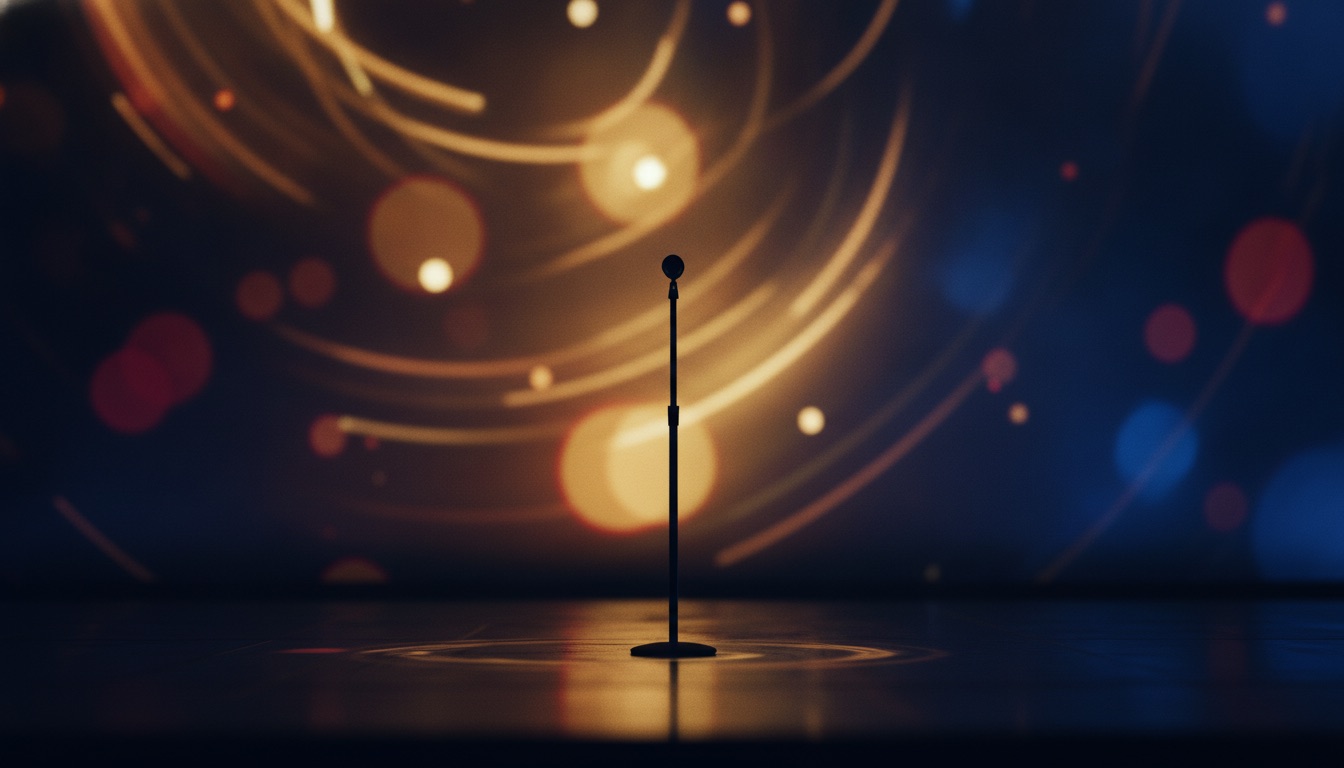 Abstract warm stage lights and bokeh in gold and deep blue with a single microphone silhouette