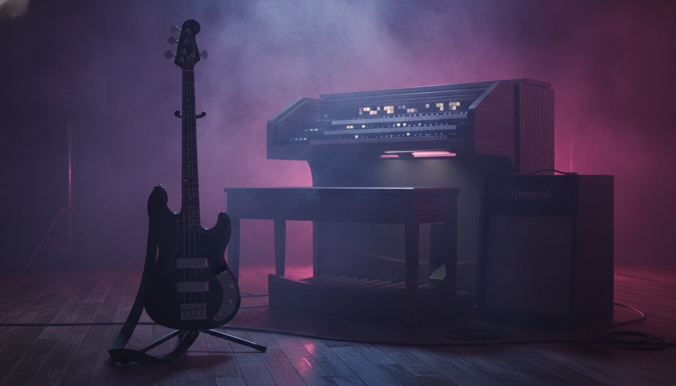 A moody, smoky studio bathed in deep magenta and blue light, an electric bass and organ, nocturnal
