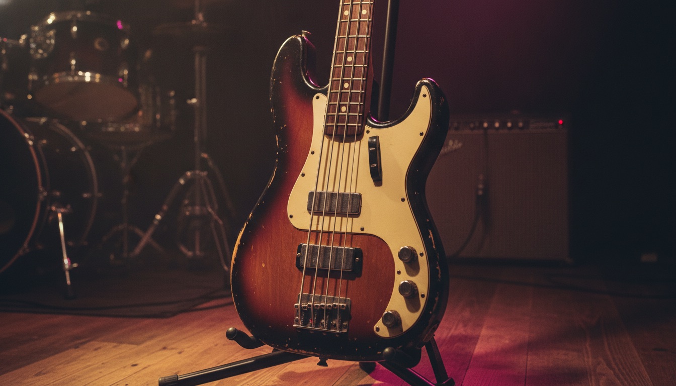 A vintage electric bass guitar under warm gold and magenta stage light, funky and iconic