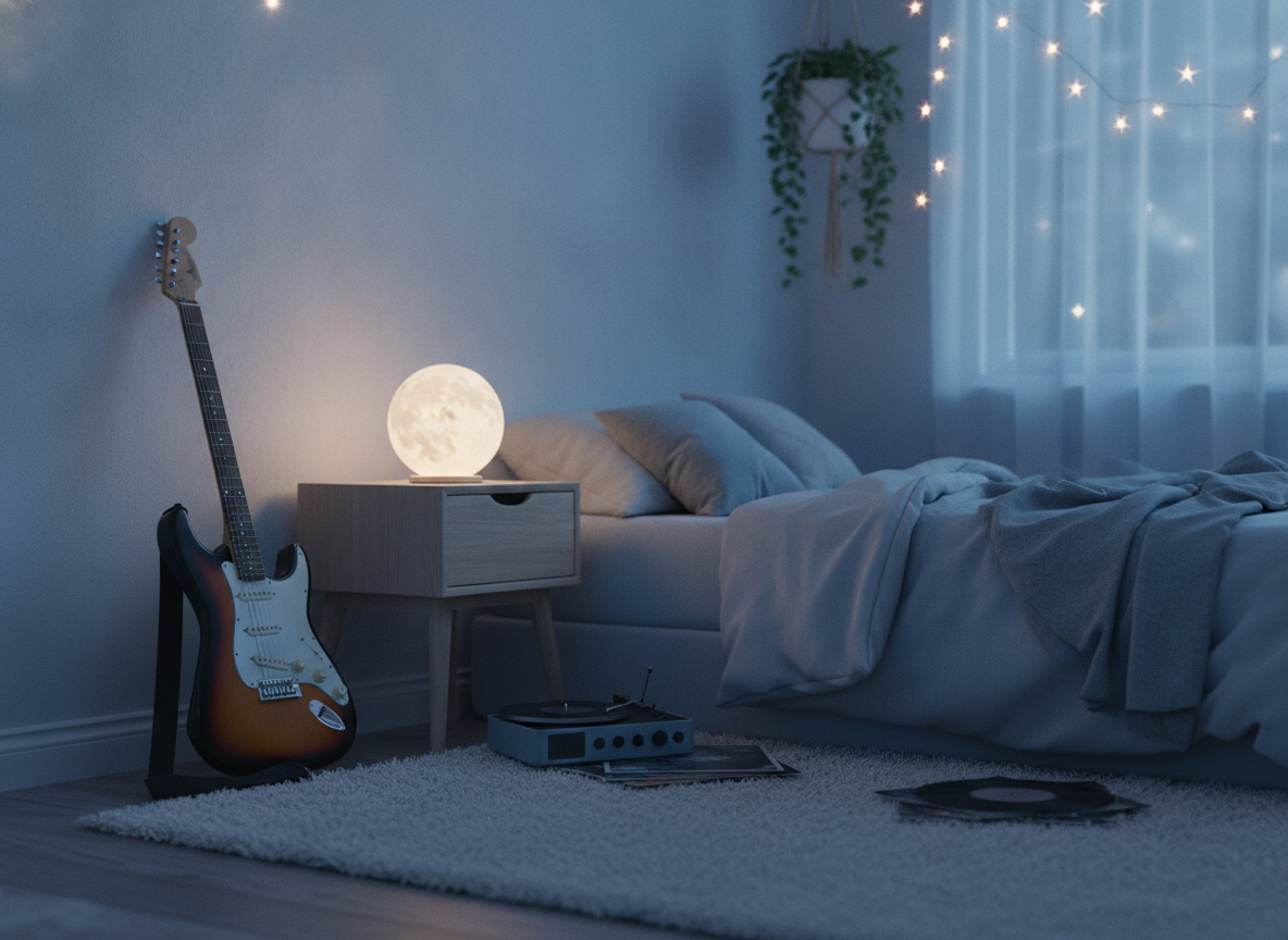A softly lit bedroom corner with an electric guitar leaning against a wall bathed in dreamy blue light