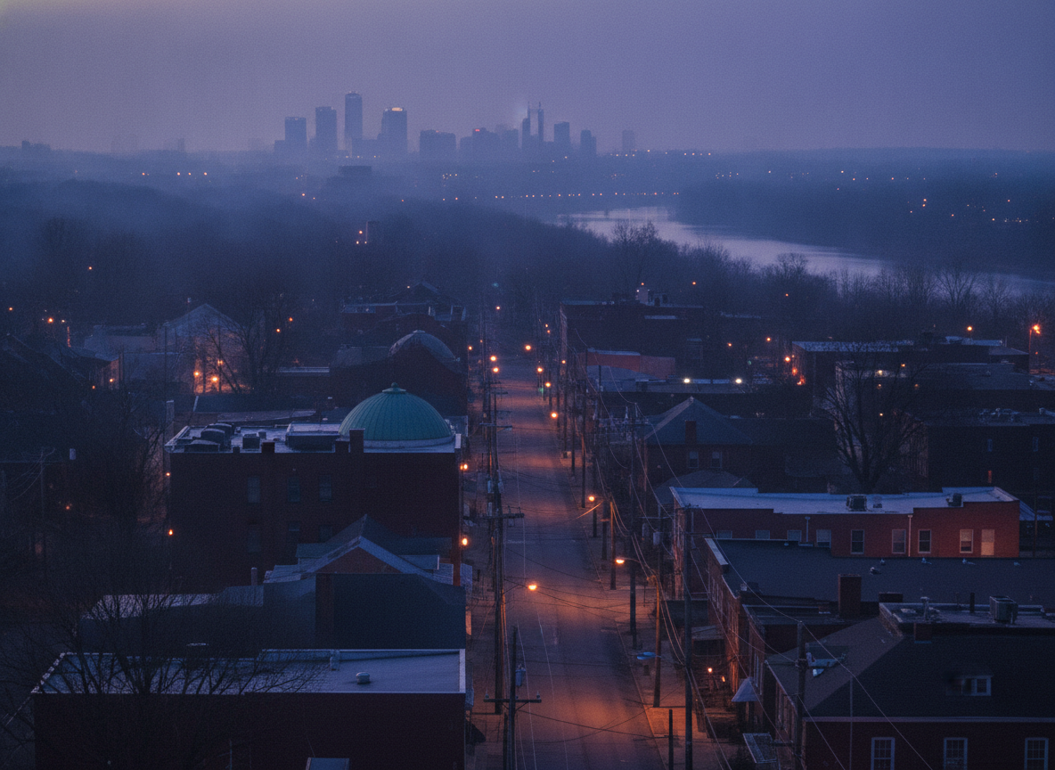 A hazy blue Nashville dusk over quiet rooftops and power lines under soft evening light