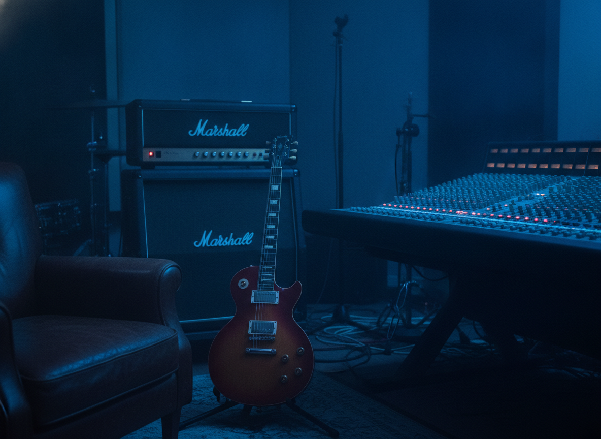 A dim recording studio with a guitar, amplifier, and mixing console lit in soft blue tones