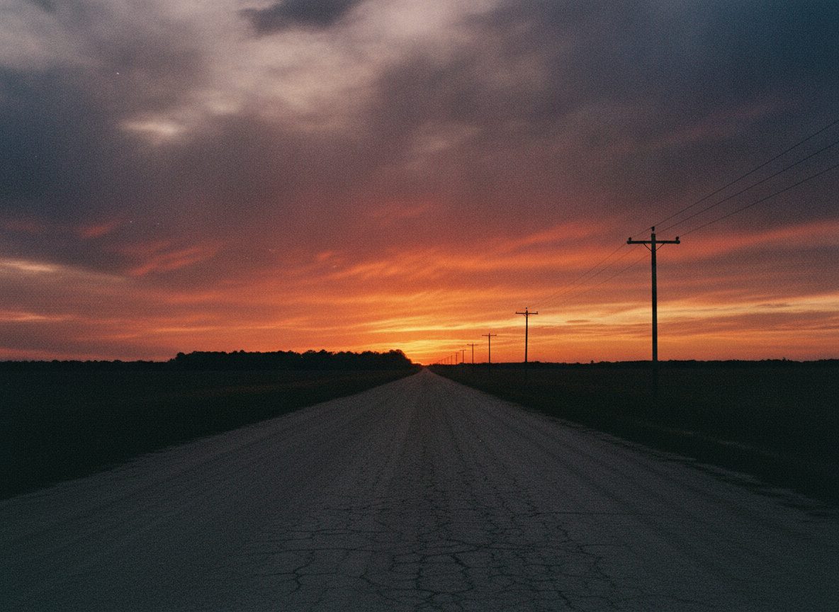 A flat Mississippi Delta landscape at dusk, a dirt road running toward a dark treeline under a wide sky