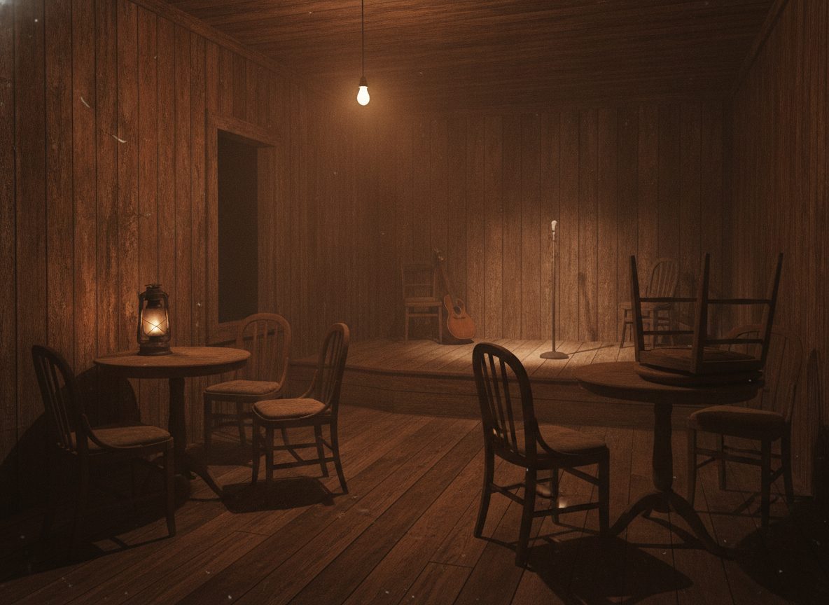 A dim rural juke joint interior at night, warm lamplight glowing on rough plank walls