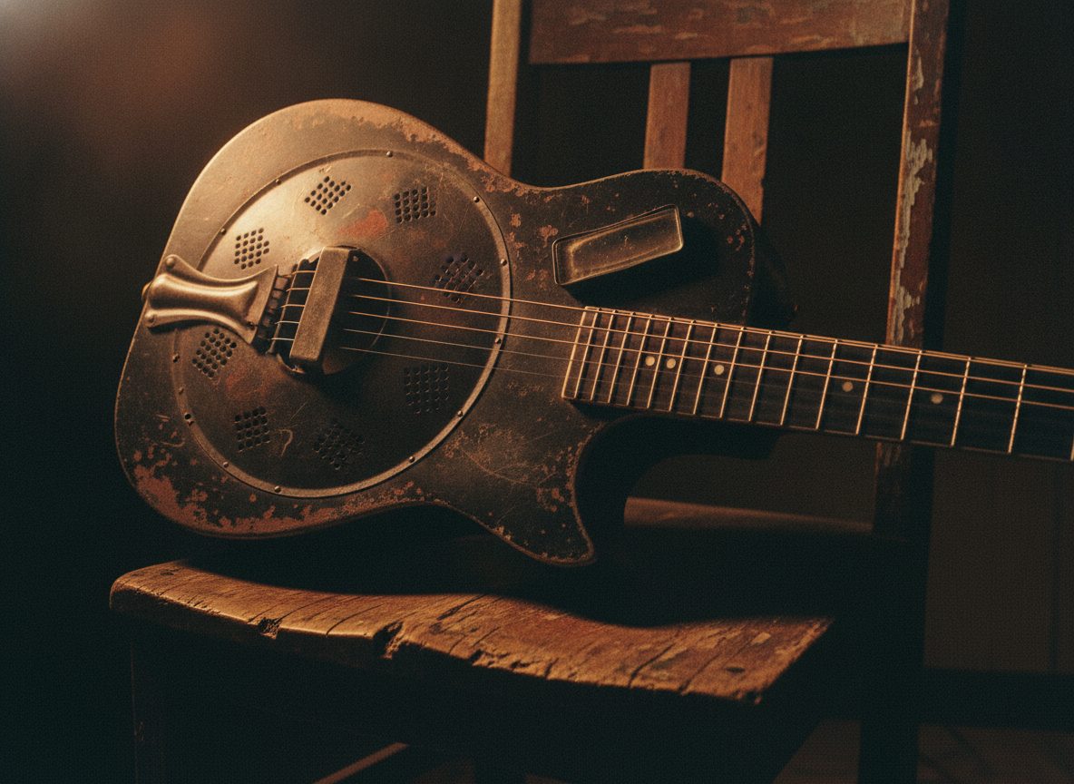 A weathered steel-bodied resonator guitar resting on a wooden chair in warm low light