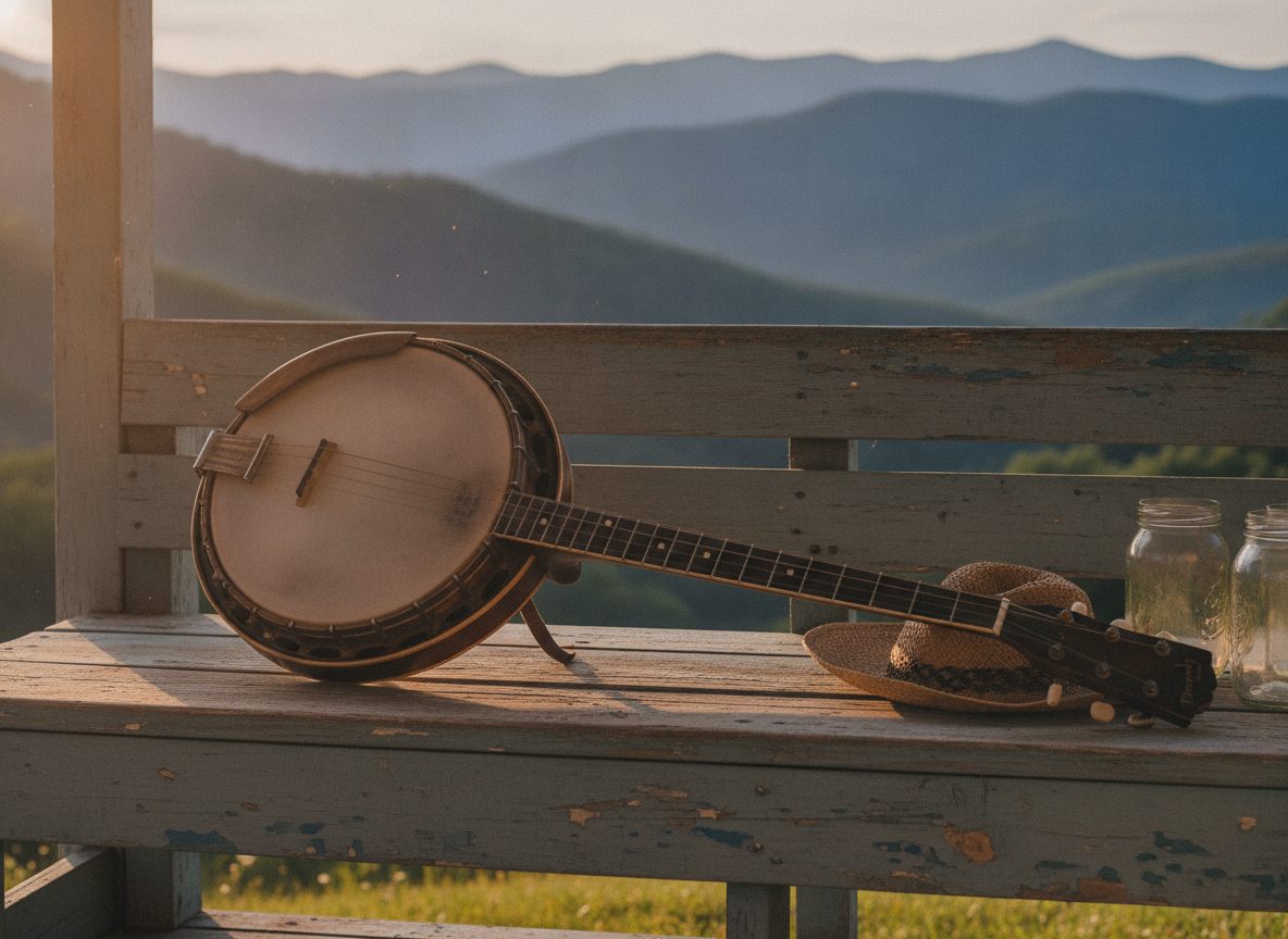 A five-string banjo resting on a weathered wooden porch bench with mountain ridges in the soft-focus distance