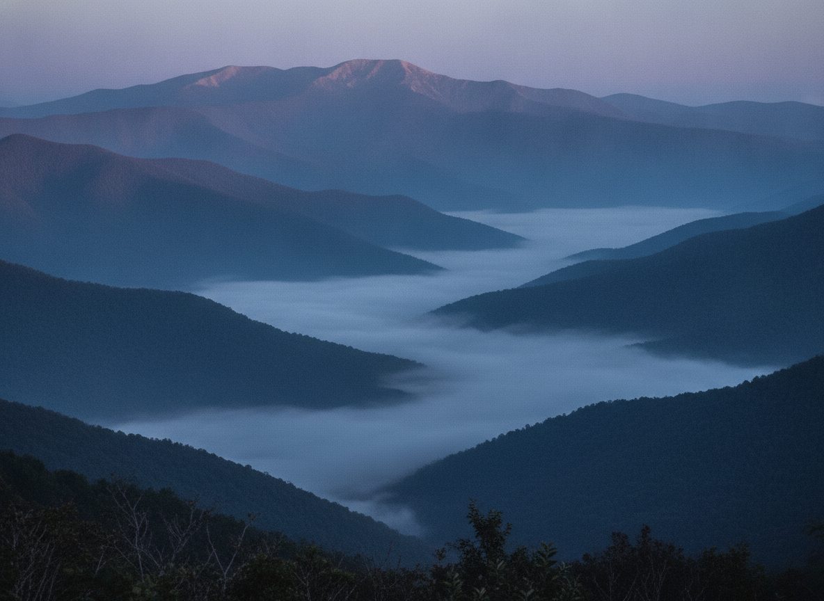 Blue-hazed Appalachian ridgelines of the Clinch Mountains fading into layers of mist at dawn