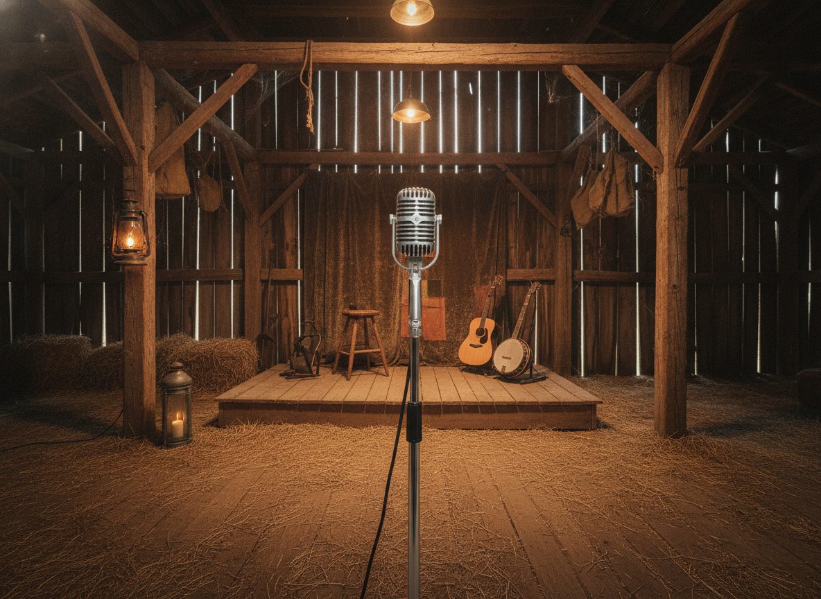 A weathered wooden barn and a vintage ribbon microphone lit by warm lamplight, evoking an early country radio broadcast