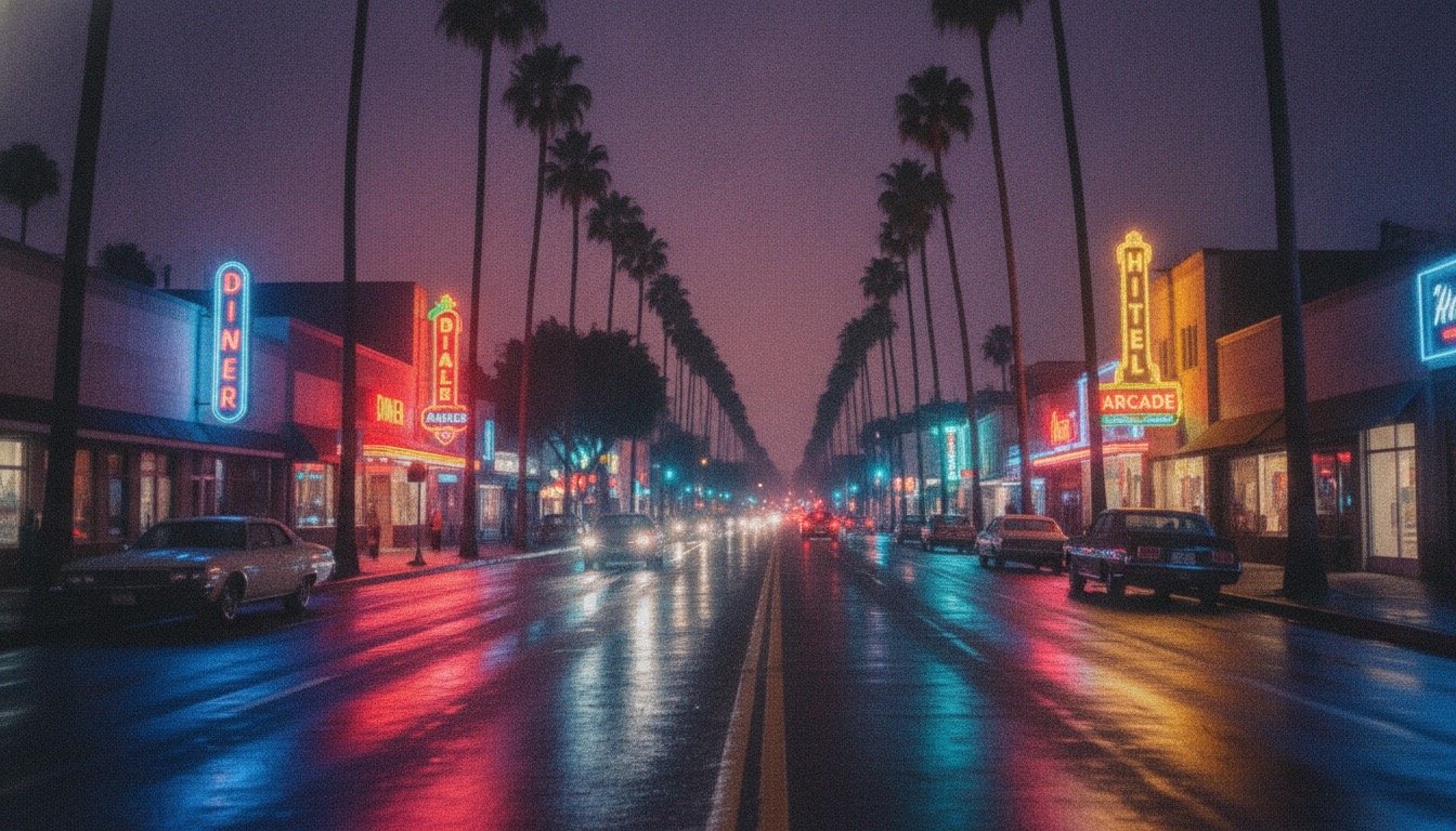 A neon-lit Los Angeles boulevard at night with palm trees and wet asphalt reflections, 1970s cool