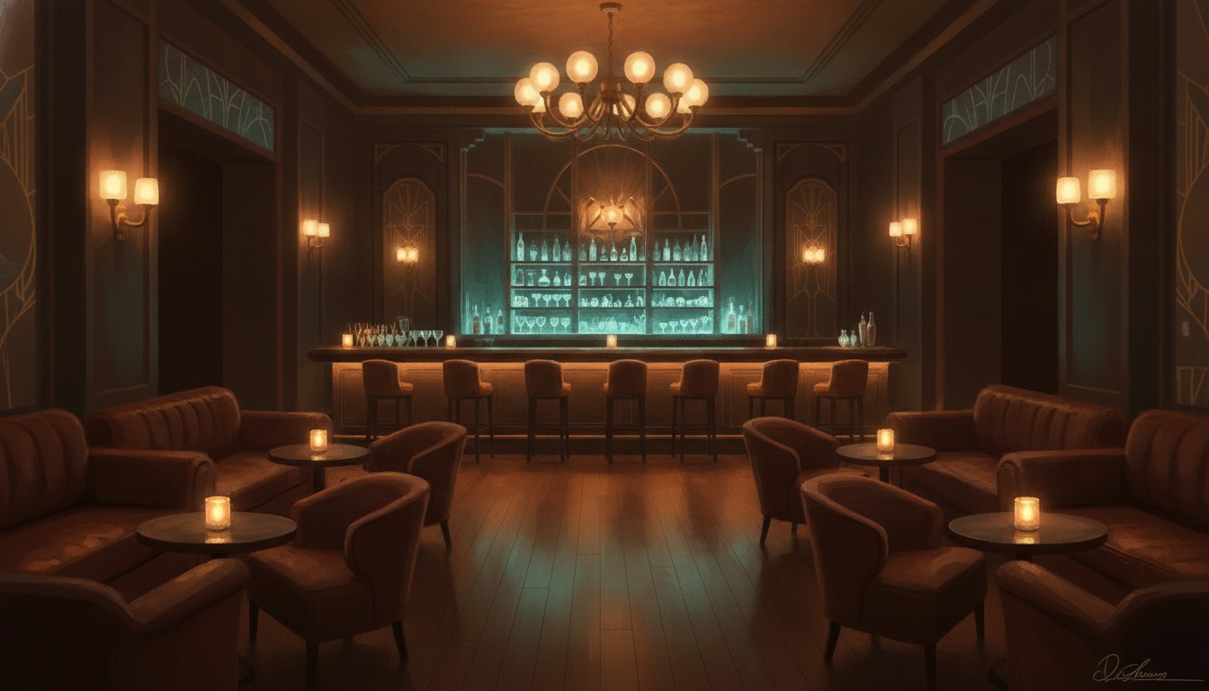 An empty upscale cocktail lounge at night with low amber and teal lighting, moody and sophisticated