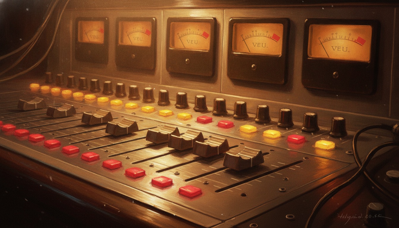 A close-up of a vintage analog mixing console with glowing VU meters and faders in warm light