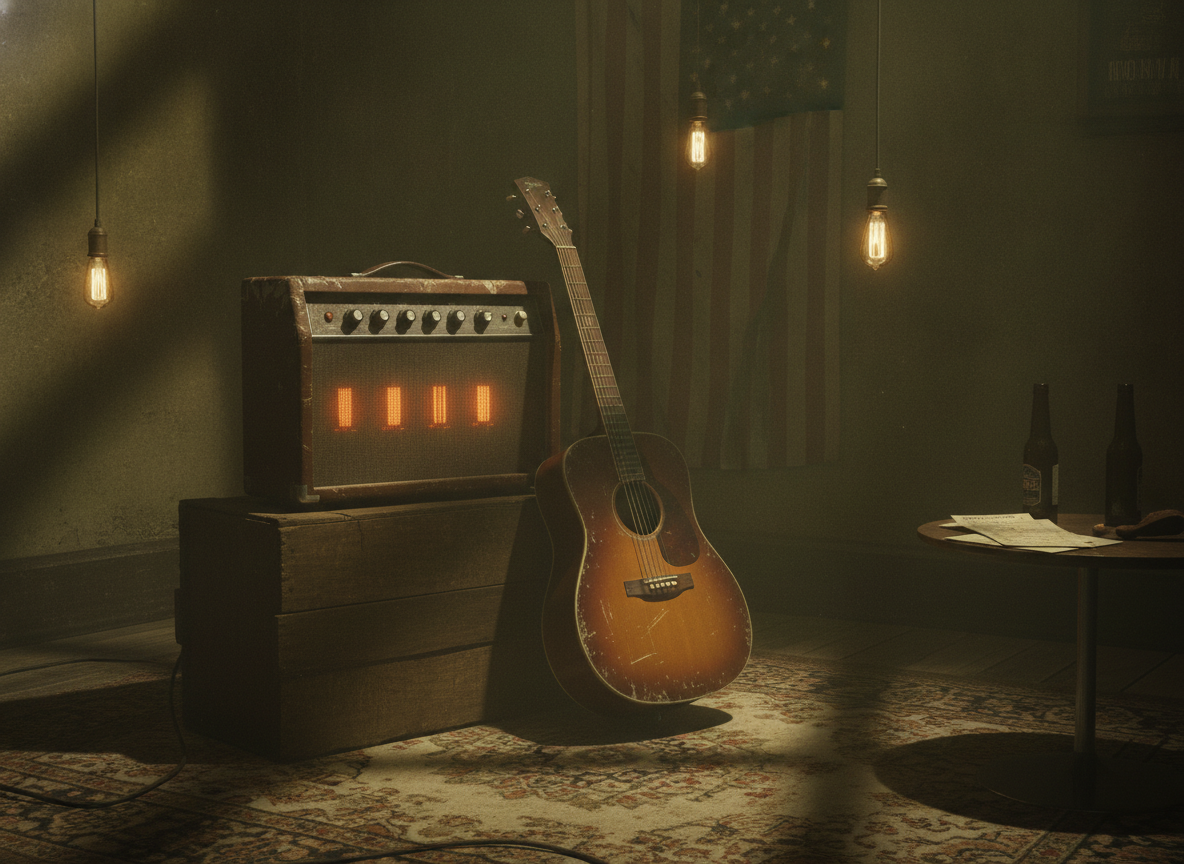 A worn tube amplifier and an acoustic guitar in a dim room lit by warm low light