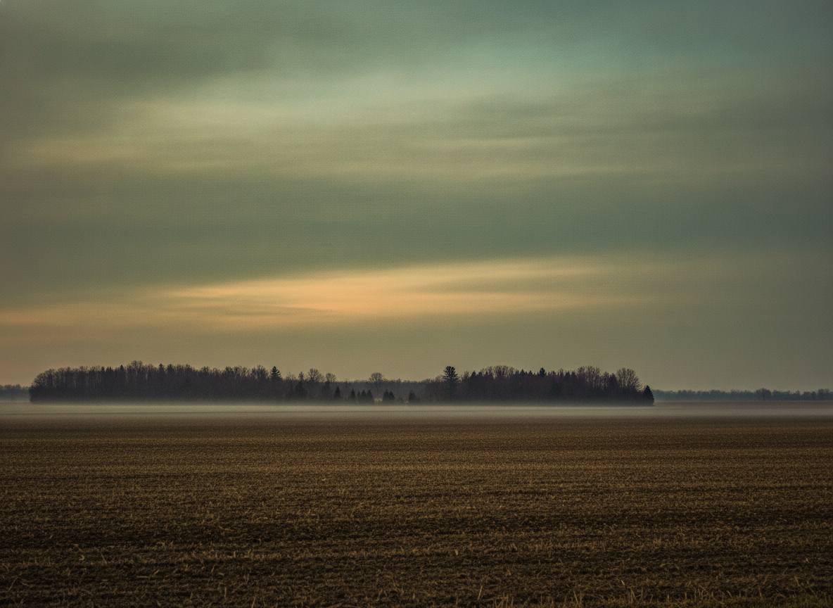 Flat Indiana farmland at dusk with a distant tree line under a wide green-gray sky