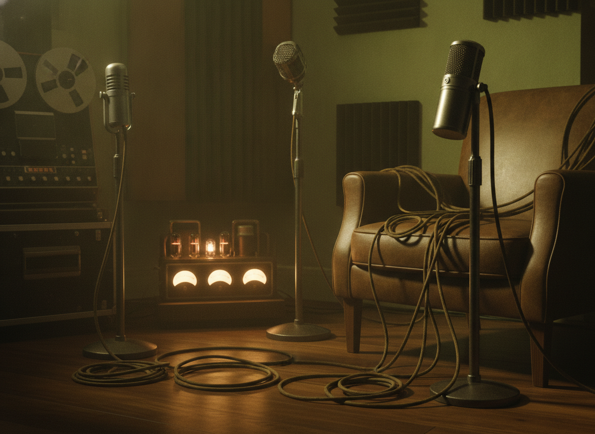 A dim recording studio corner with microphones and cables lit in warm green-gold light