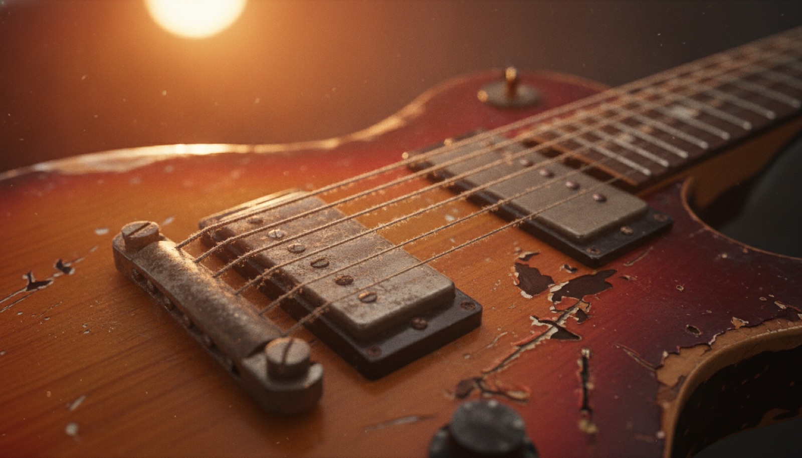 A weathered Fender Stratocaster with a sunburst finish resting under warm stage light