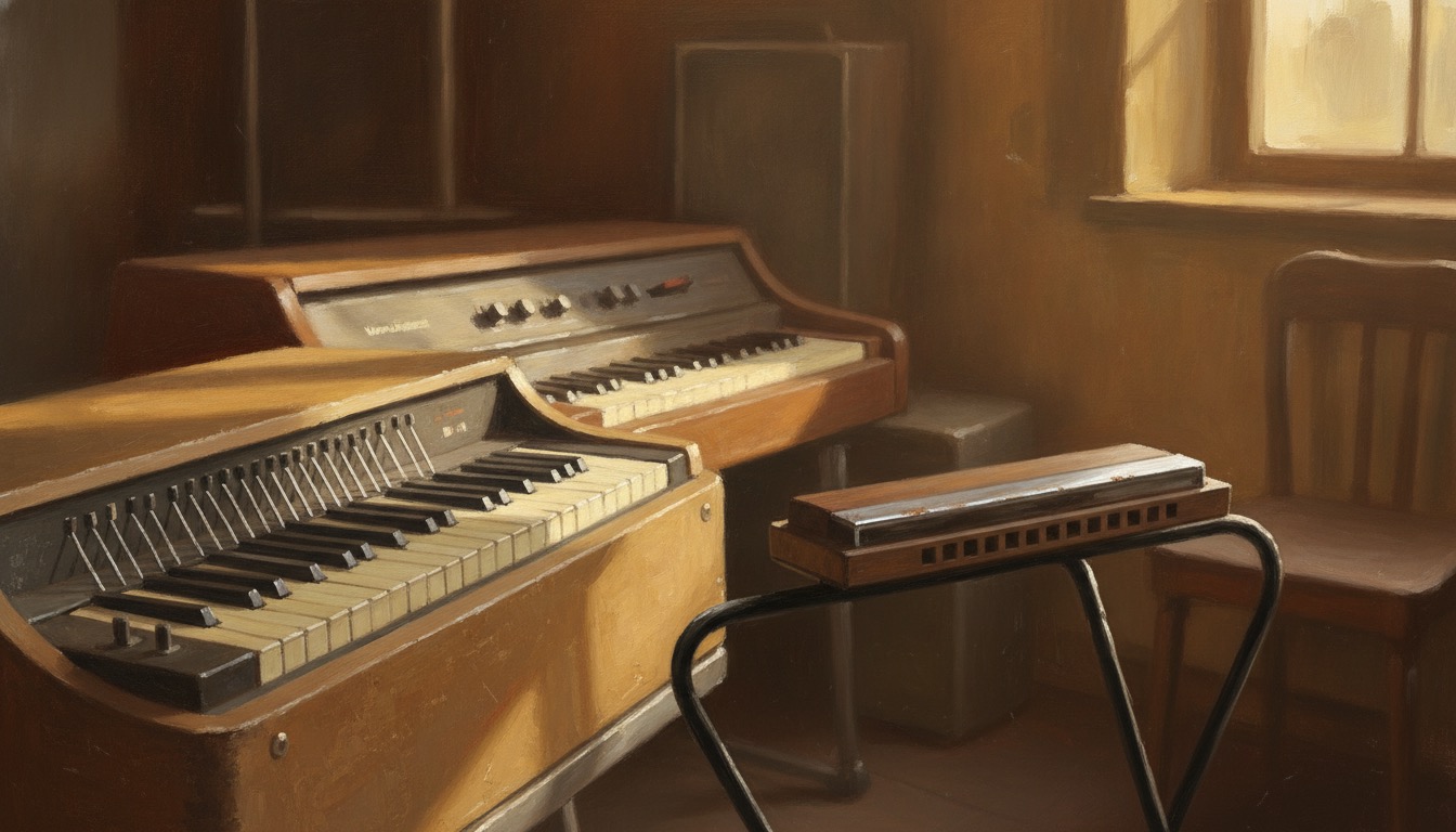 A close-up of vintage keyboards, a Fender Rhodes, and a harmonica resting on a stand in warm light