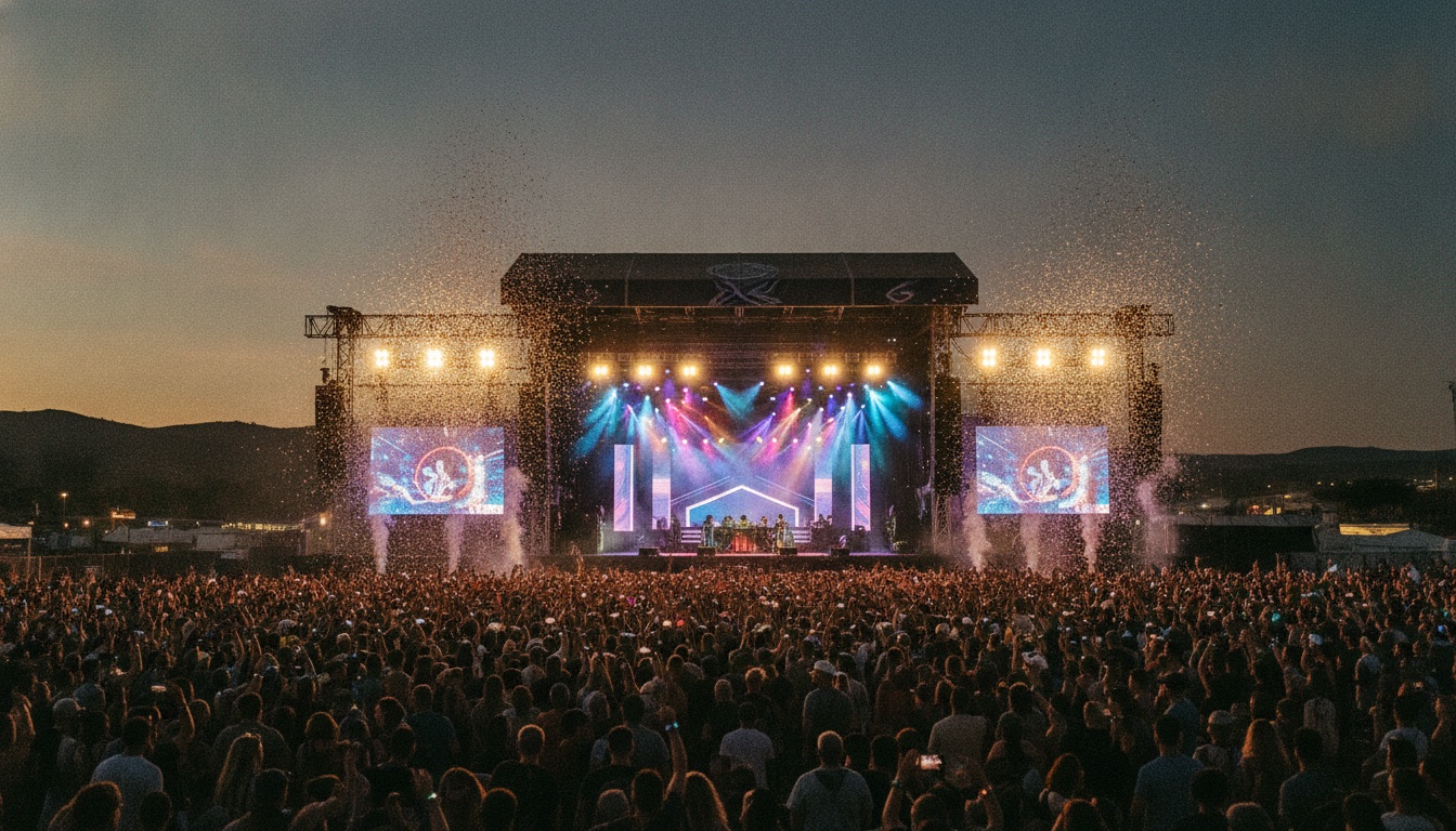 A wide outdoor jam festival field at dusk with colorful stage lights and a glowing crowd area