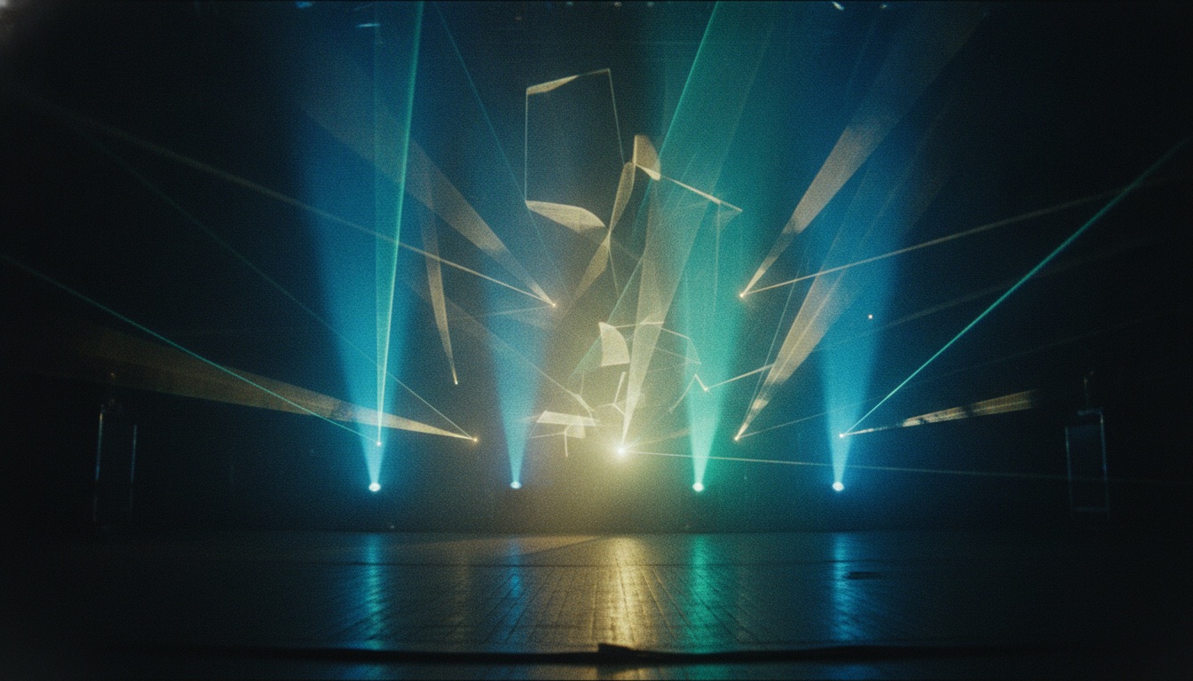 Abstract colorful stage lights and lasers in blue, green, and gold over a dark stage