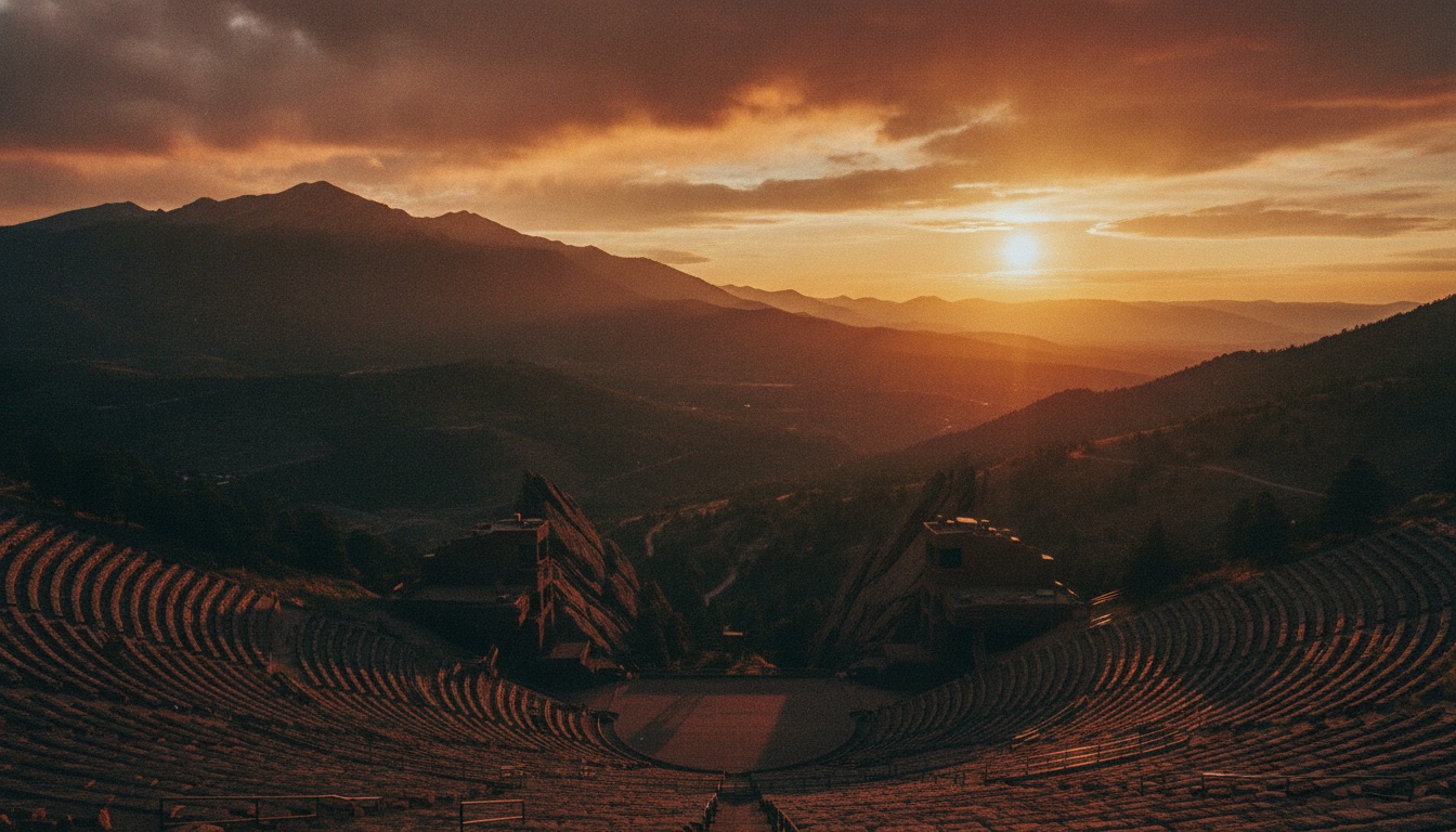The Colorado Rocky Mountains at golden hour with a red-rock amphitheater silhouette