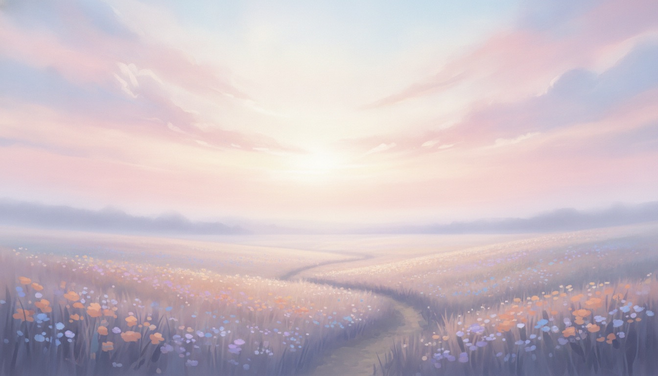 A dreamy pastel landscape of a quiet field at dawn with soft pink and blue sky, wistful