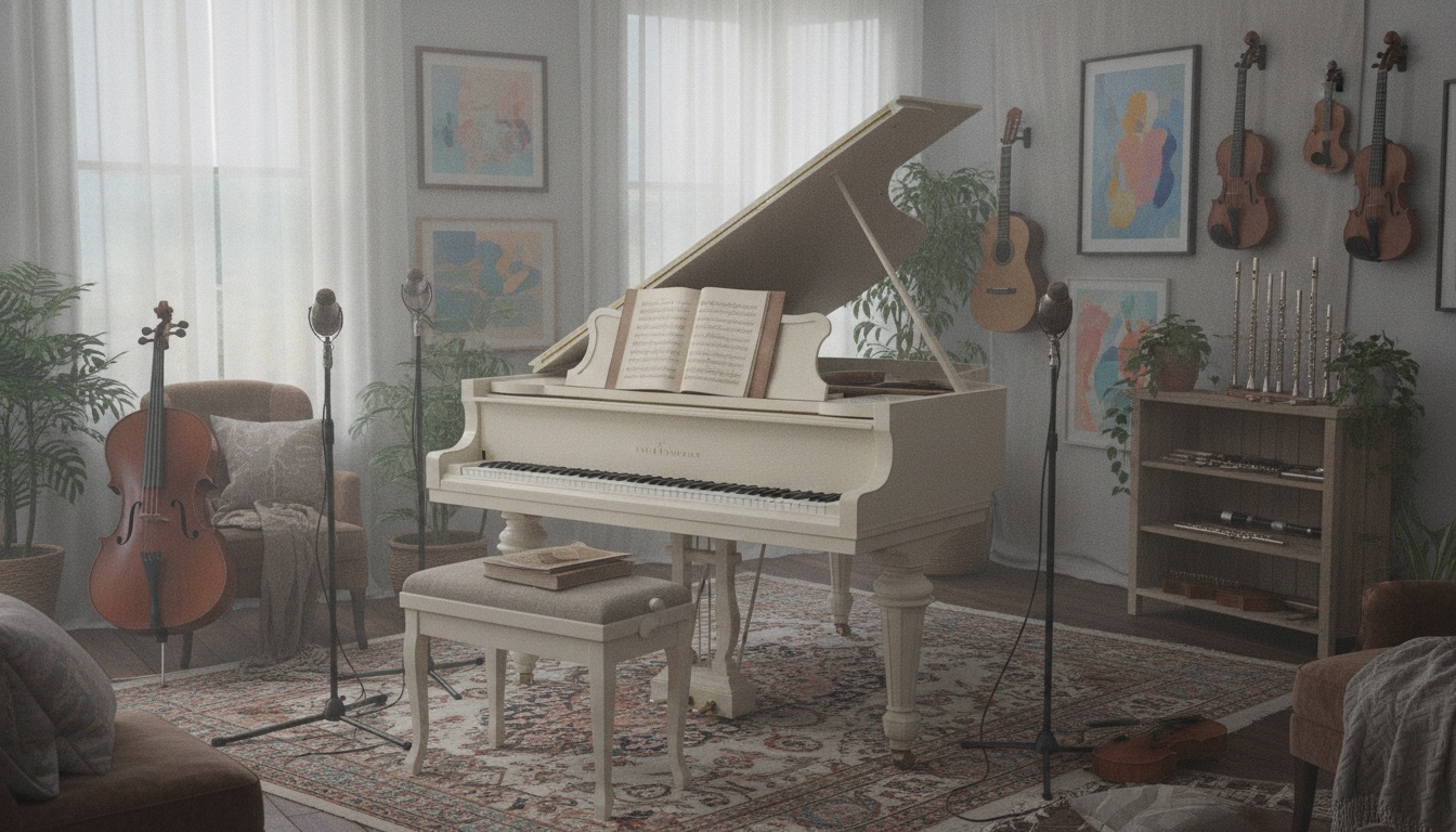 A quiet home studio in soft pastel light with a piano, sheet music, and many instruments, intimate