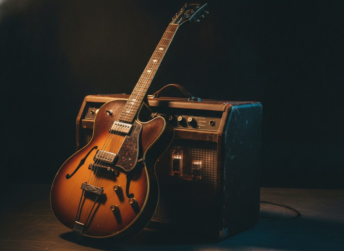 A hollow-body electric guitar resting against a vintage tube amplifier under warm amber light