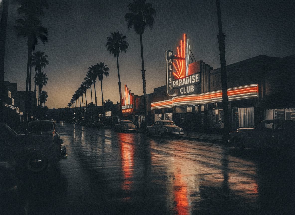 A 1940s Los Angeles nightclub exterior at dusk with neon glow and empty rain-slicked street