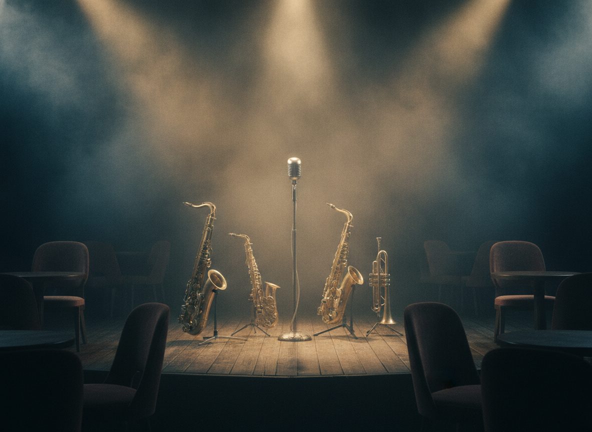 A dim jump-blues bandstand with saxophones on stands and warm spotlights cutting through haze