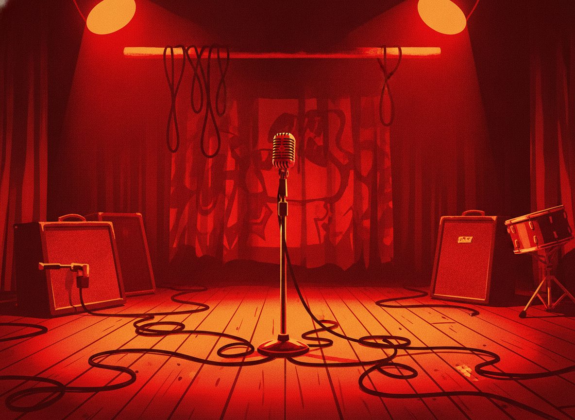 A cramped downtown club stage bathed in red and amber light, tangled cables and a single microphone
