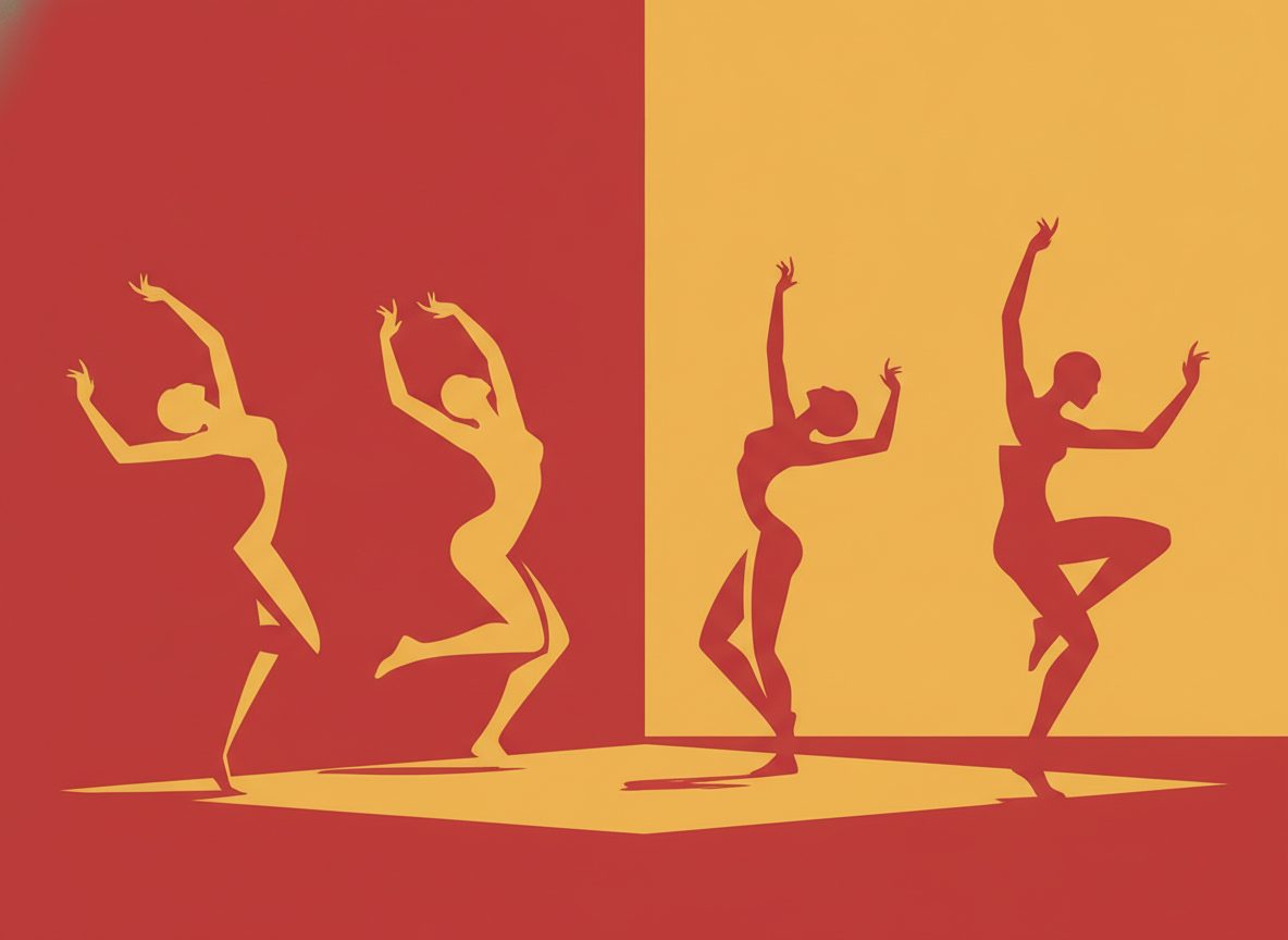 Four elongated silhouettes on a stark stage lit in bold flat red and yellow, mid-motion