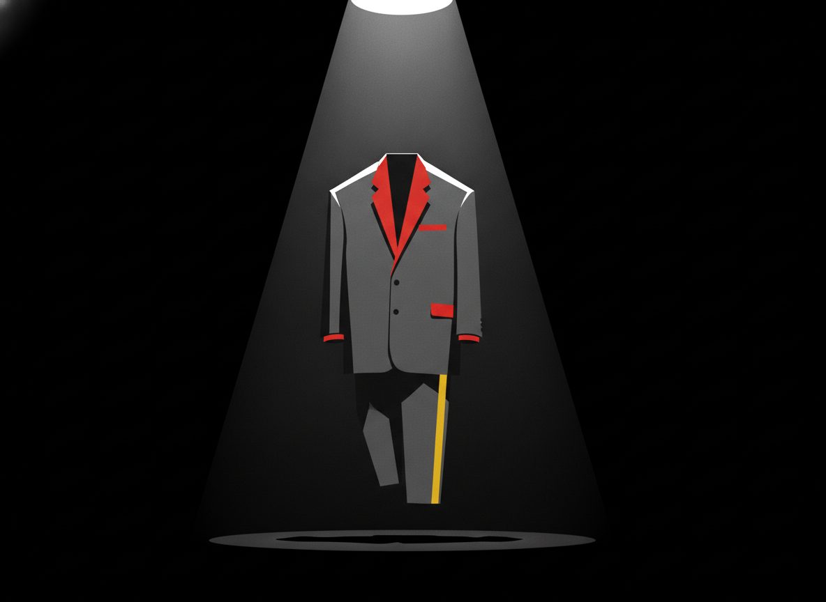 An empty oversized grey suit standing upright and alone under a hard spotlight on a bare stage
