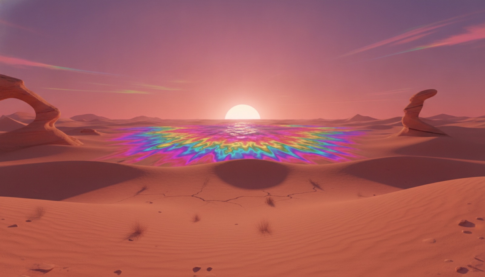 A rippling desert mirage of melting neon color under a low pink sun