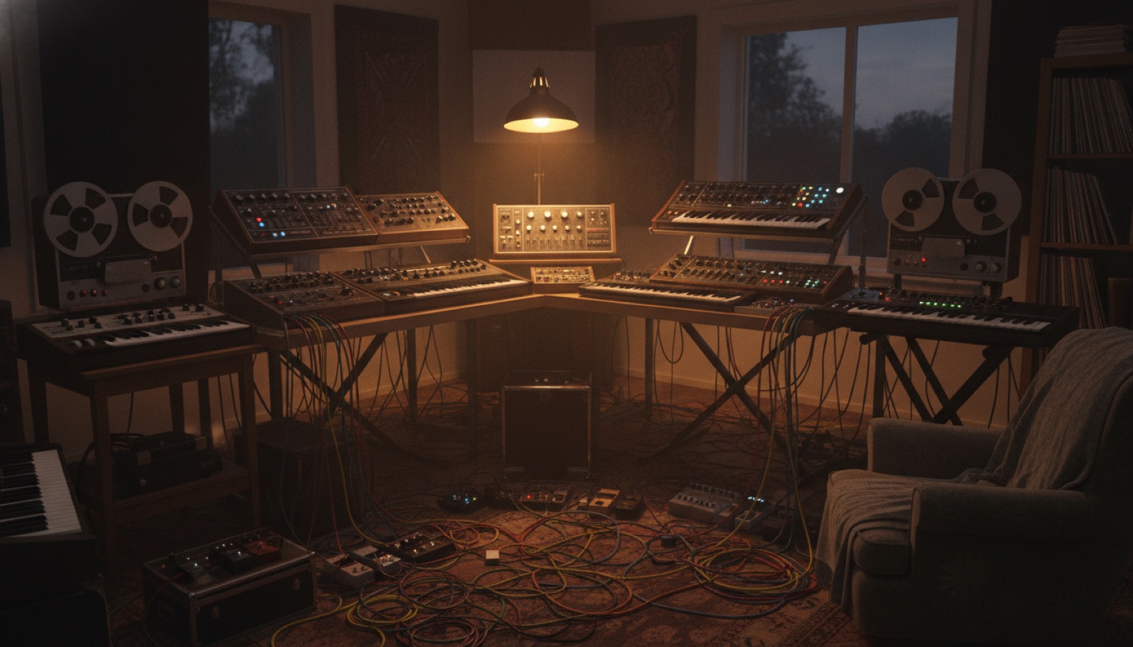 A dim home studio glowing with analog synths, tape machines, and tangled cables