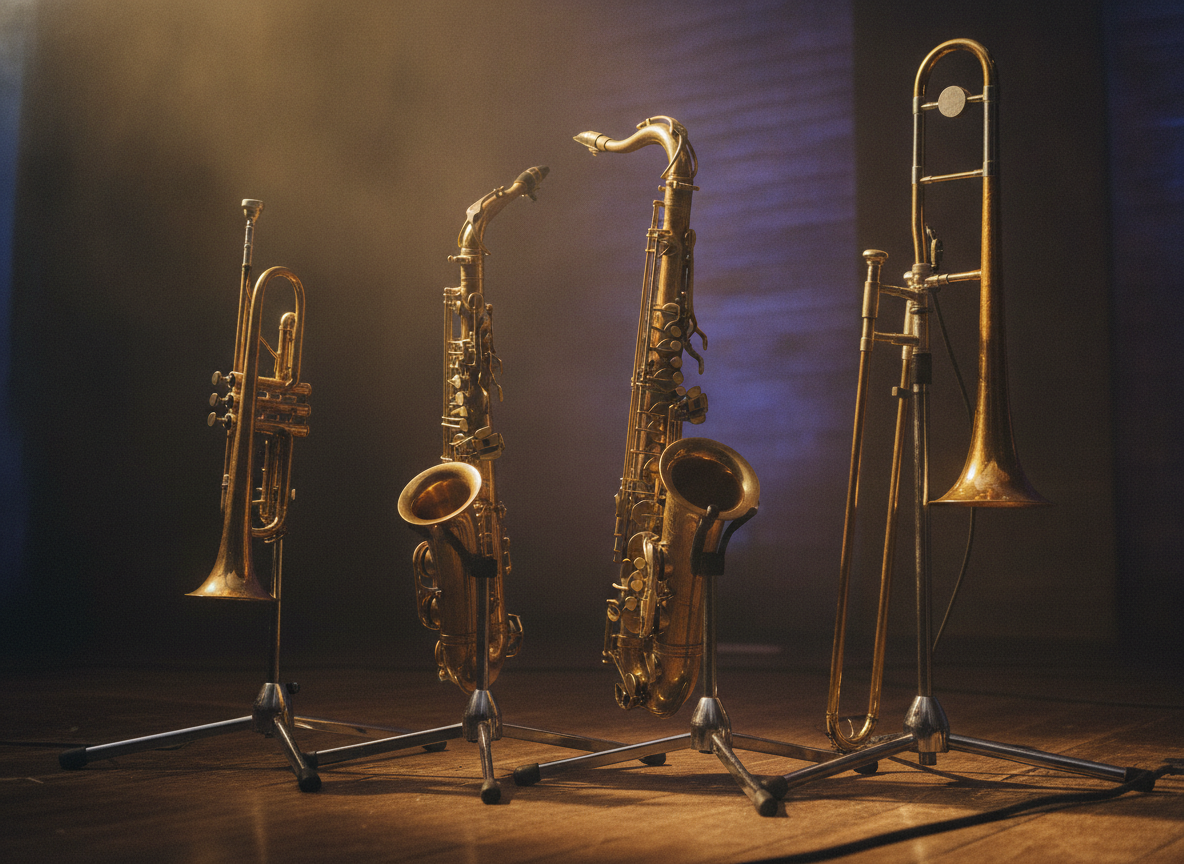 A brass horn section, trumpet and saxophones on stands, lit in warm gold stage light against a dark backdrop