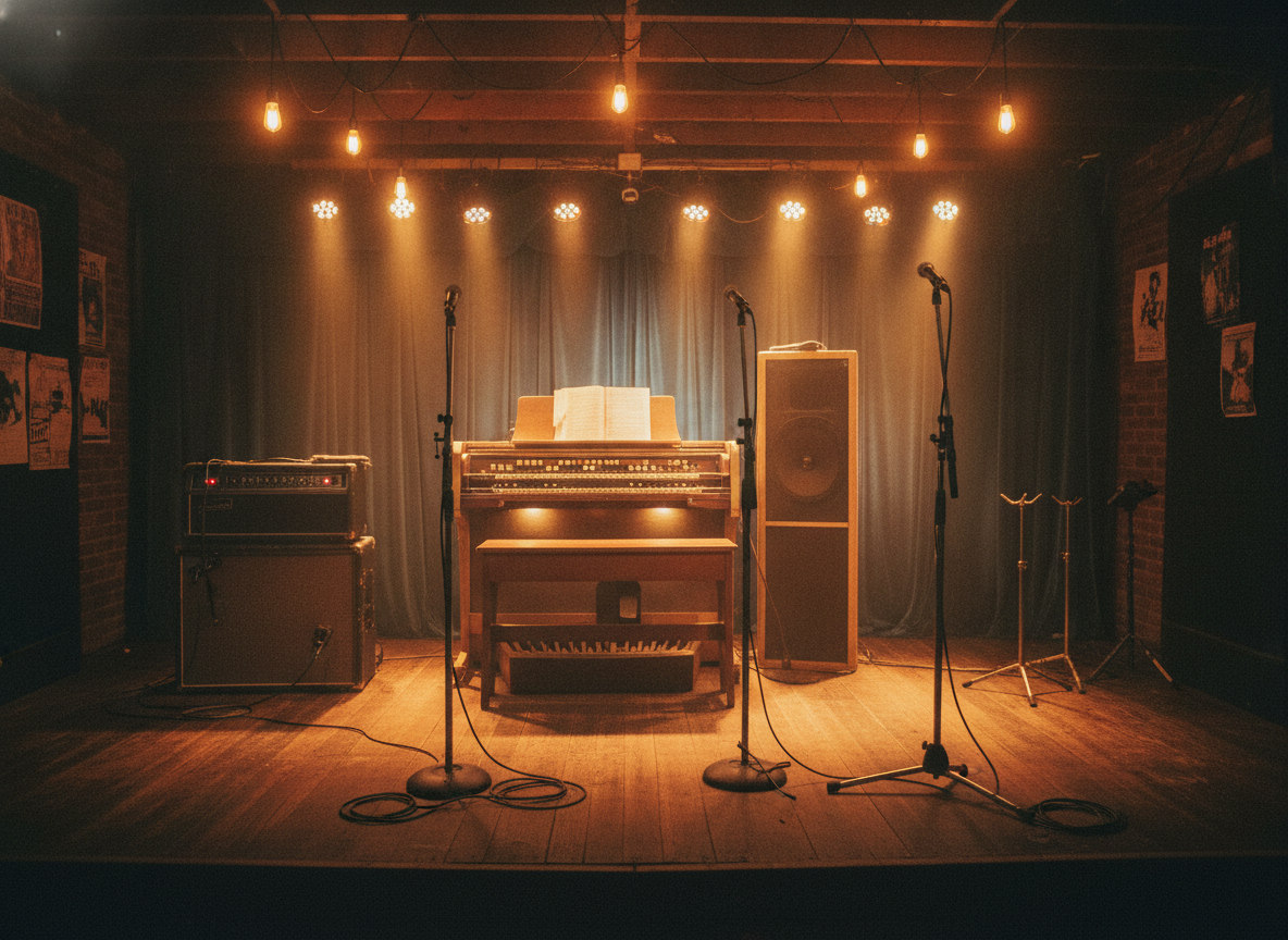 A warm-lit blues roadhouse stage set with amplifiers, a Hammond organ, and horn stands under amber light