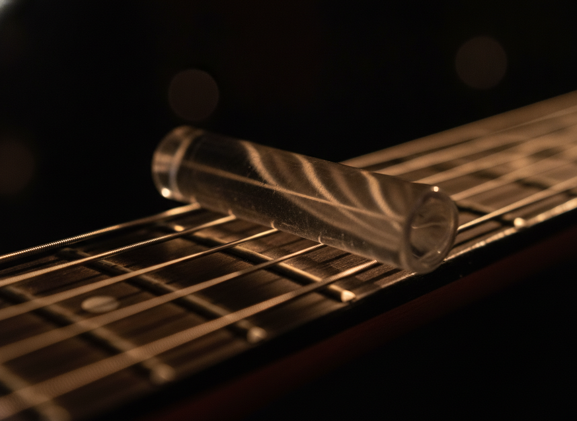 Close view of a glass slide resting on the strings of an electric guitar neck in warm stage light