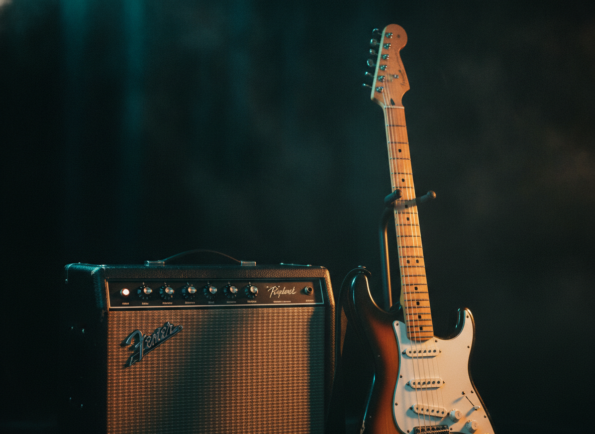A reverb amplifier and electric guitar in warm turquoise and amber stage light against a dark backdrop