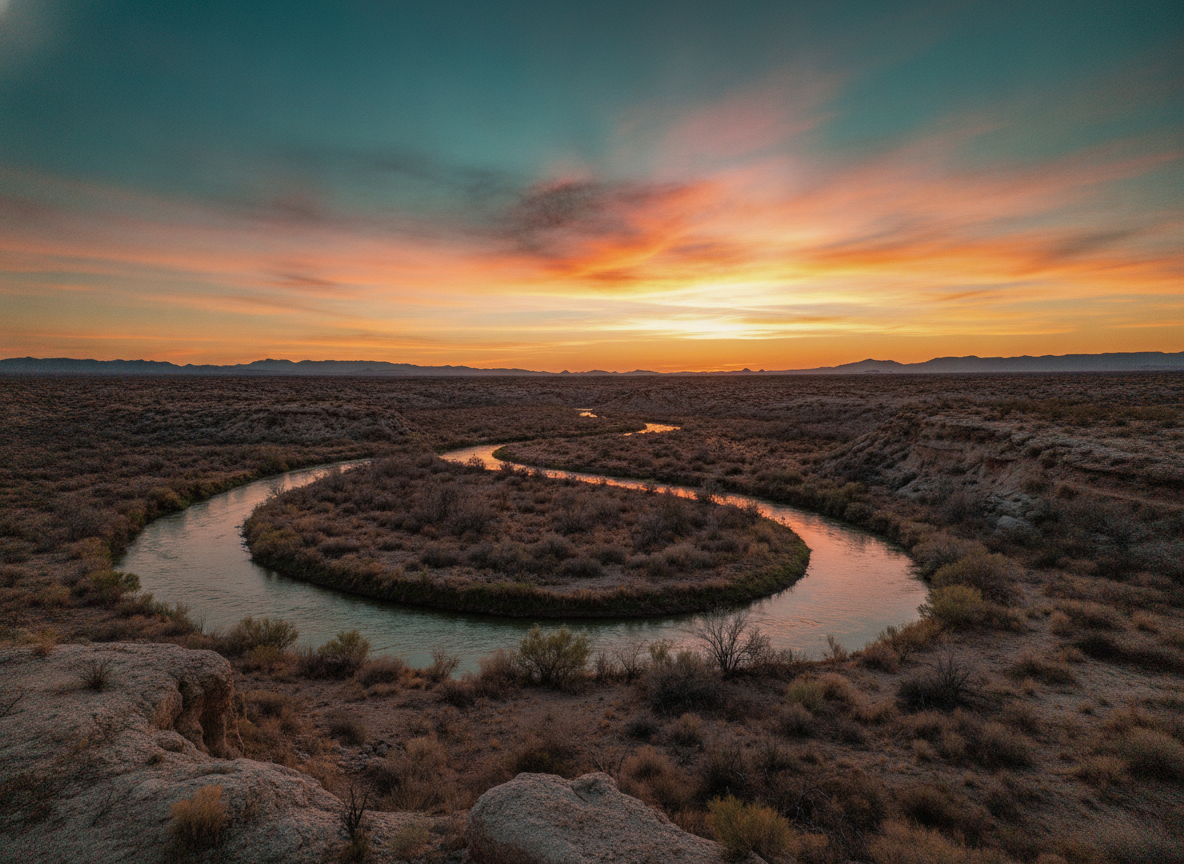 A wide slow river winding through desert scrub under a turquoise and orange dusk sky