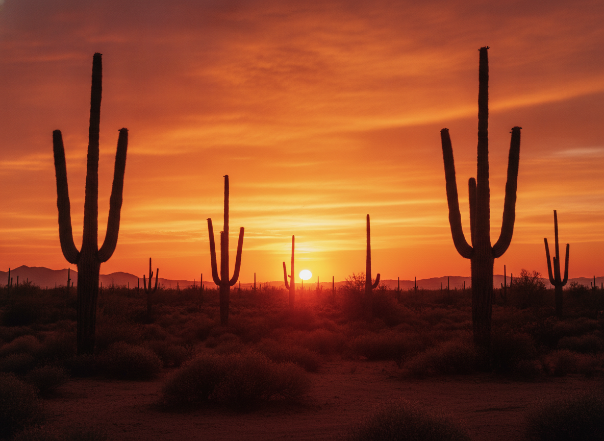 Tall saguaro cacti in silhouette against a burning orange desert sunset