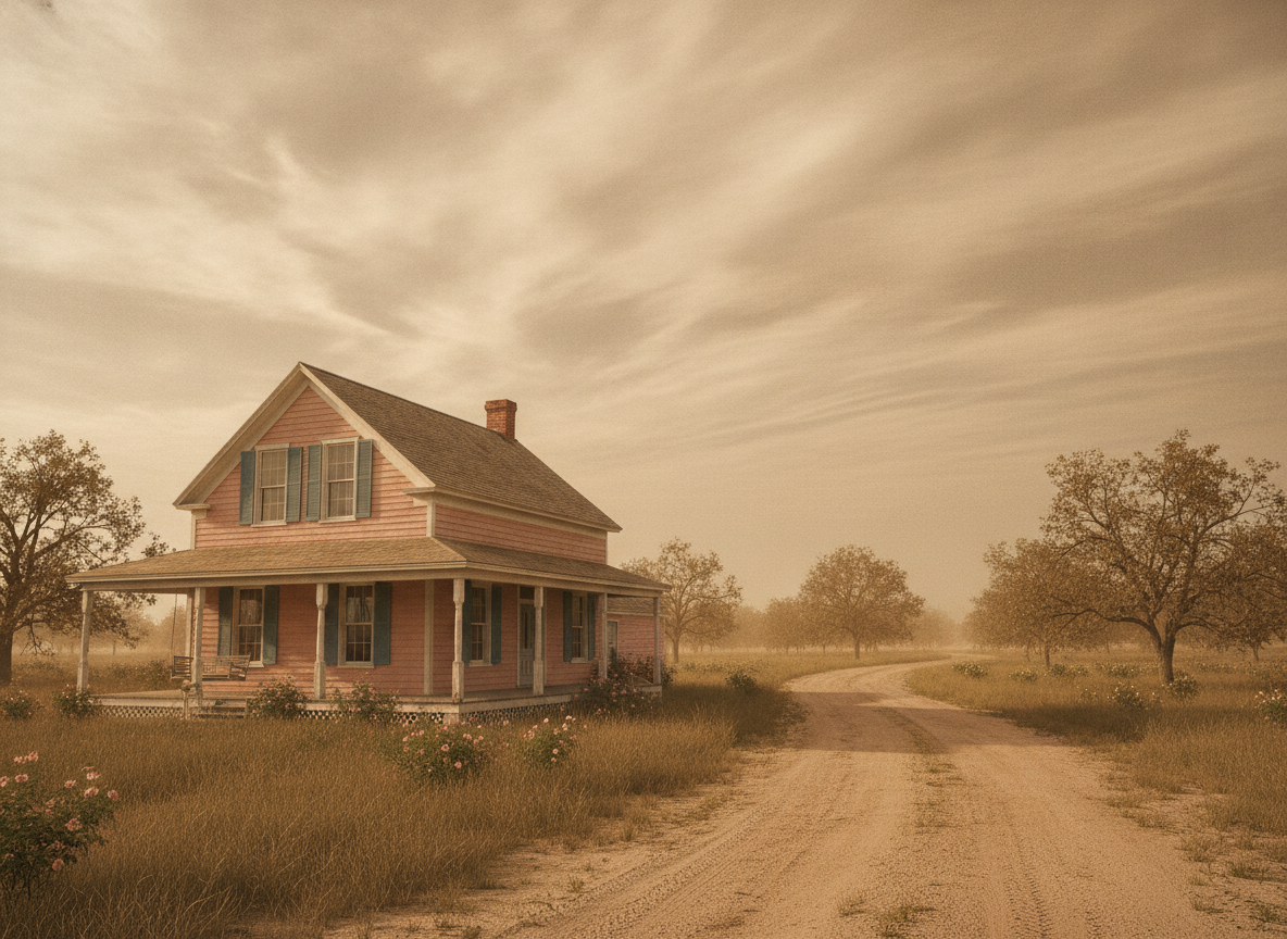 A pink clapboard house on a quiet country road under a wide dusty sky in warm sepia light