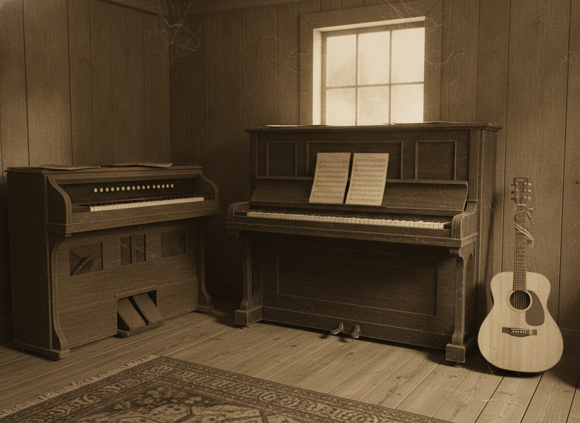 A worn upright piano, organ, and acoustic guitar arranged in a rustic wood-paneled room in warm sepia light