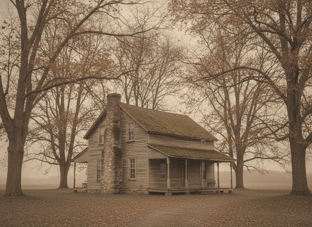 A weathered wooden farmhouse set among bare autumn trees in soft sepia light