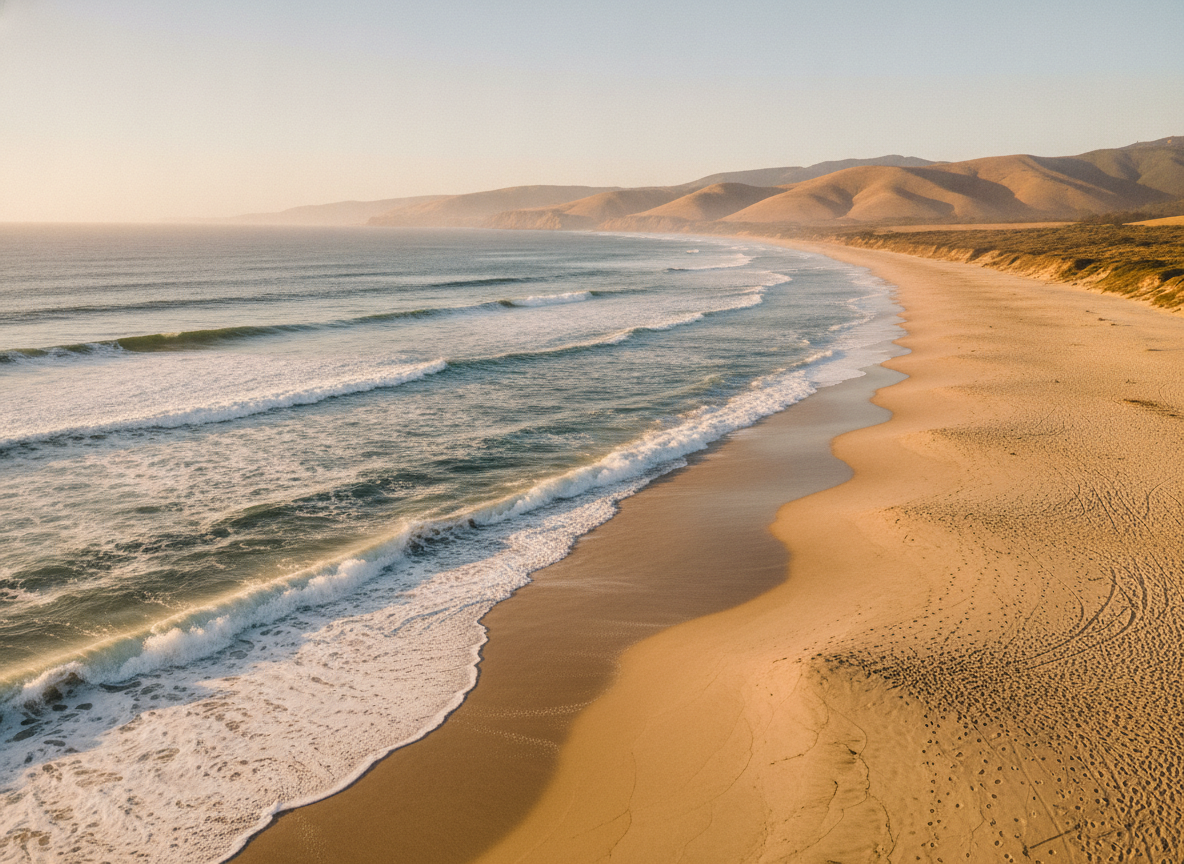 A wide sunlit Southern California coastline with rolling ocean waves under a clear sky