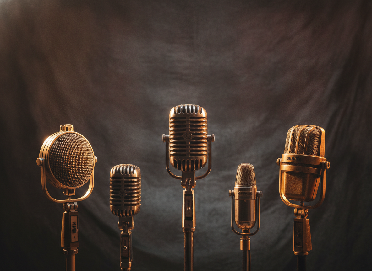 Five microphones arranged in warm studio light against a soft dark backdrop