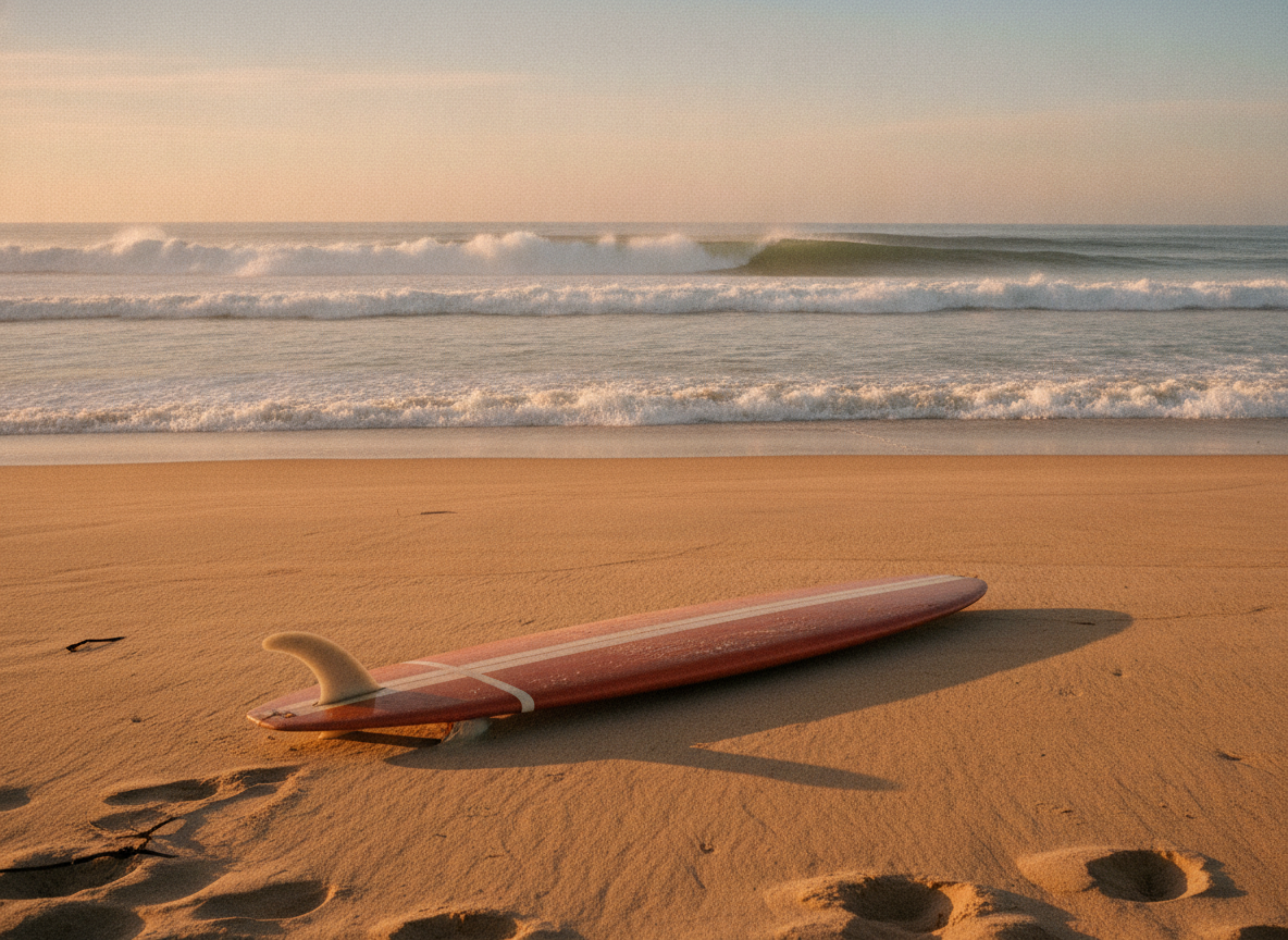 A vintage longboard resting on empty sand beside breaking waves in warm afternoon light