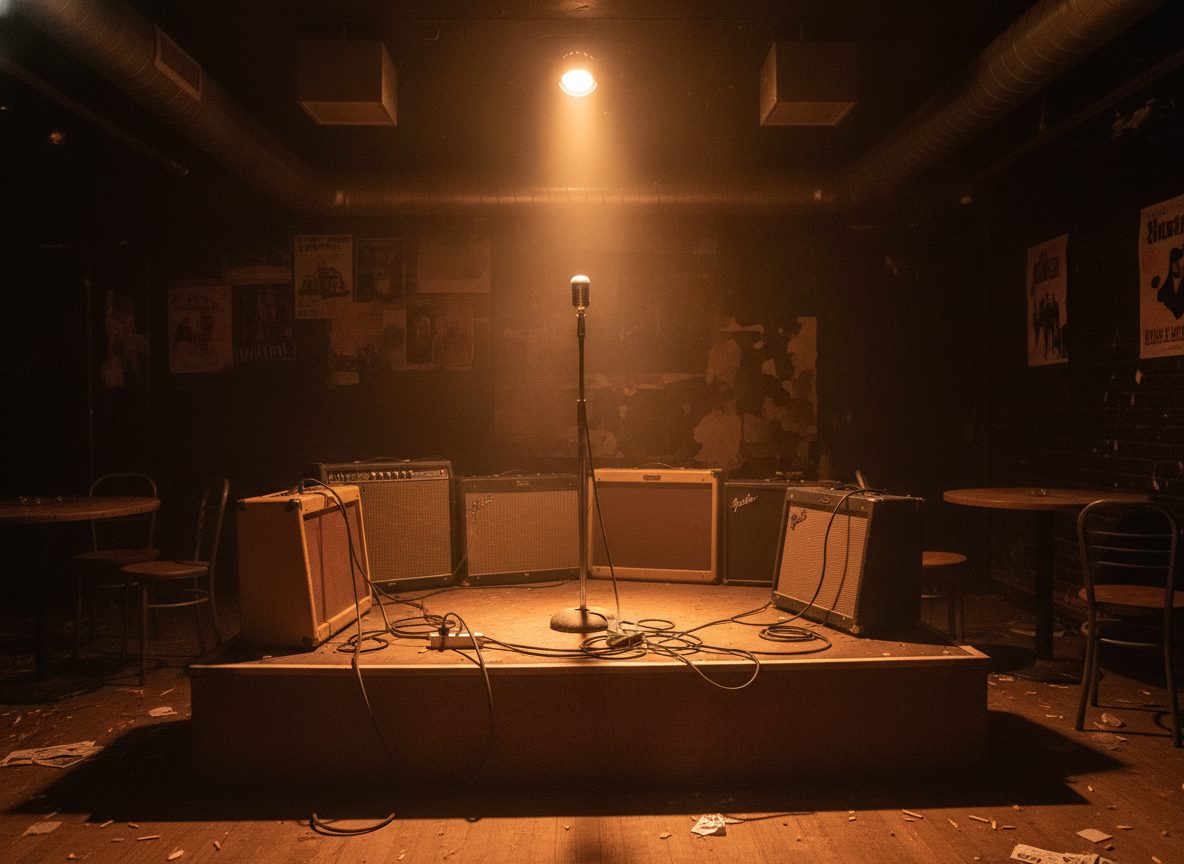 A dim smoky basement club with a low stage, amplifiers, and warm stage light, no people